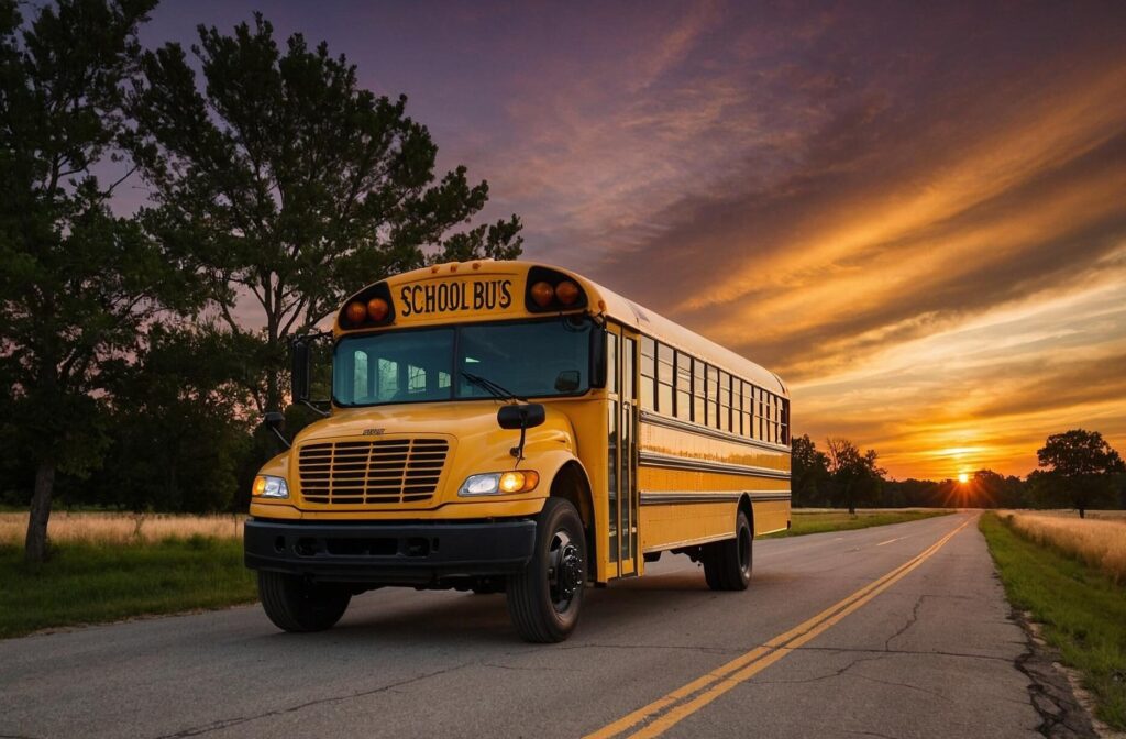 A school bus on a paved road at sunset.