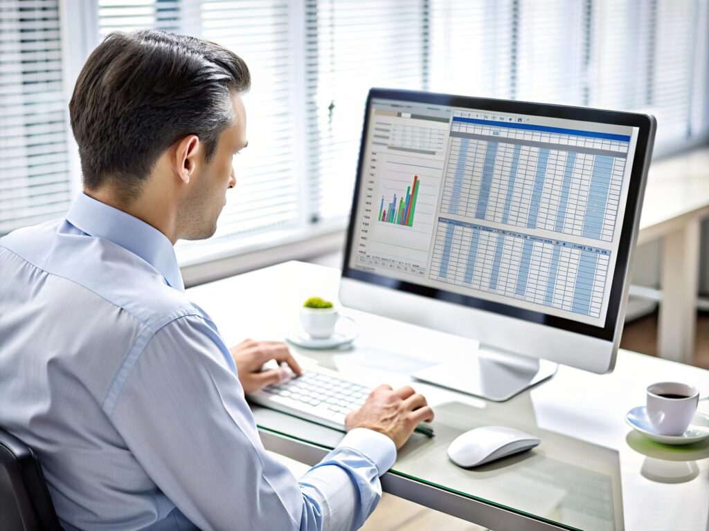 a man in a blue collared shirt is working at a desk top computer. The screen is split between a bar graph and a spreadsheet.