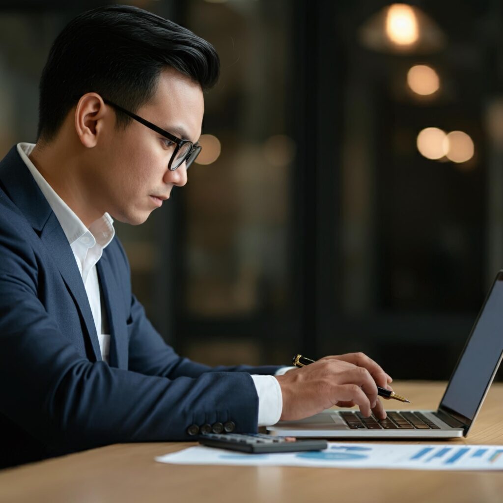 A business man is working at a laptop in a nondescript background. Next to him are a calculator and datasheets.
