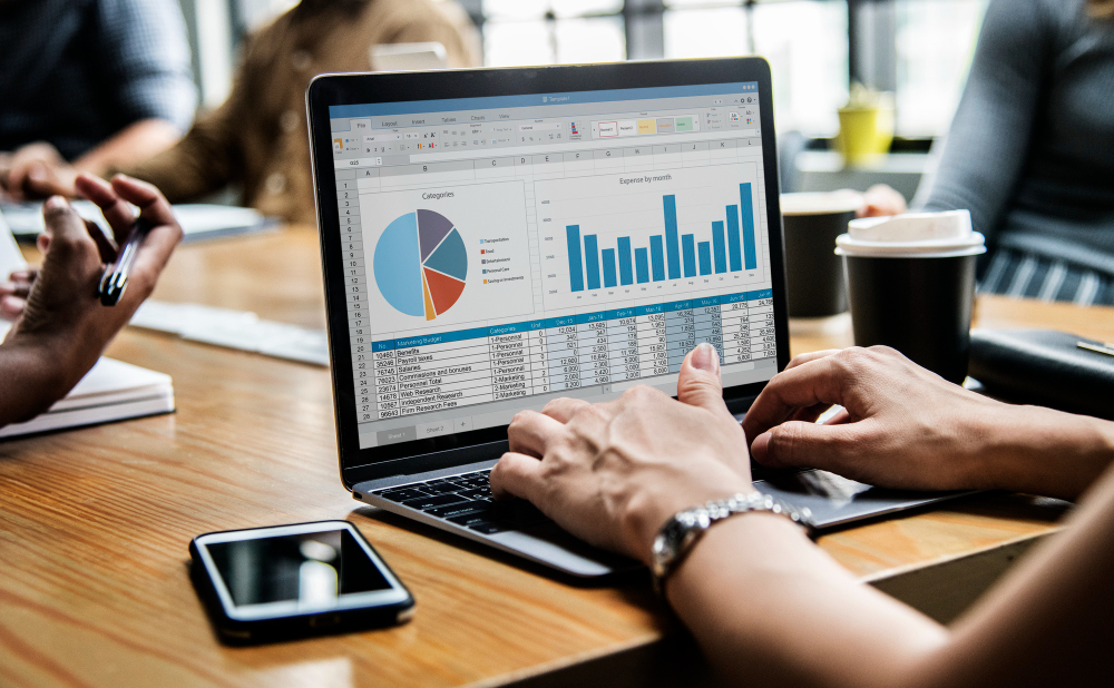 a close up of a person working on a laptop open to a spreadsheet with data and graphs displayed.
