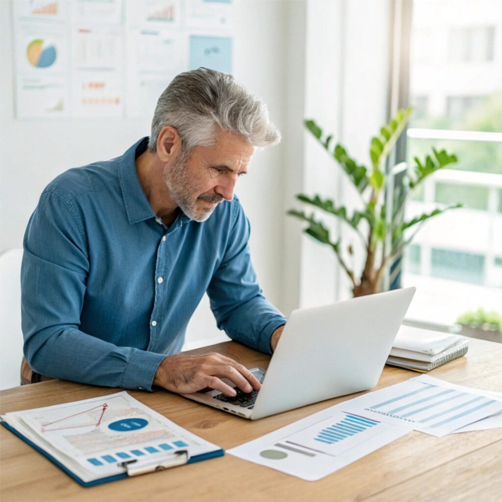 An older man is working in an office setting. He is typing on a laptop. He is surrounded by papers with charts and information.