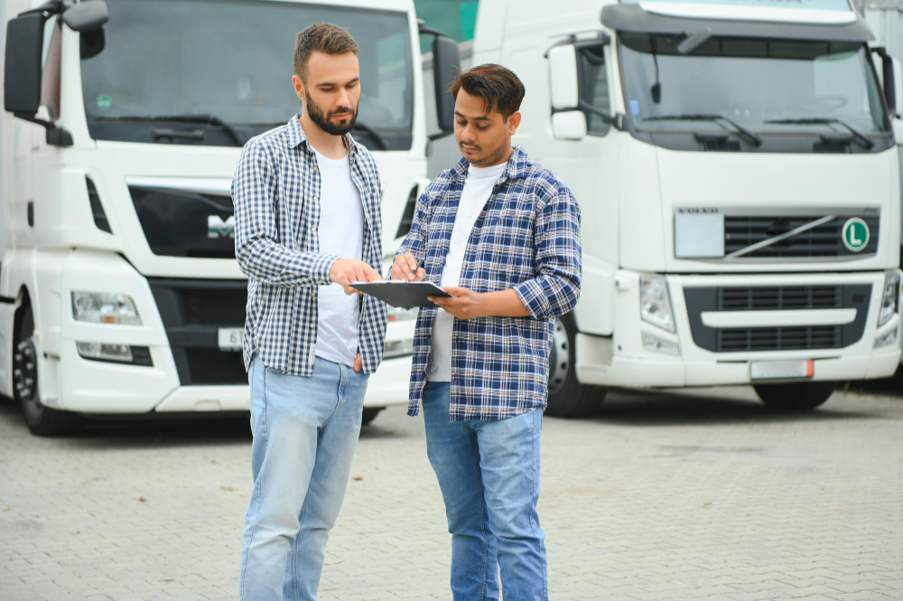 two men in collared shirts and jeans are looking at a clipboard and standing in front of two large trucks.