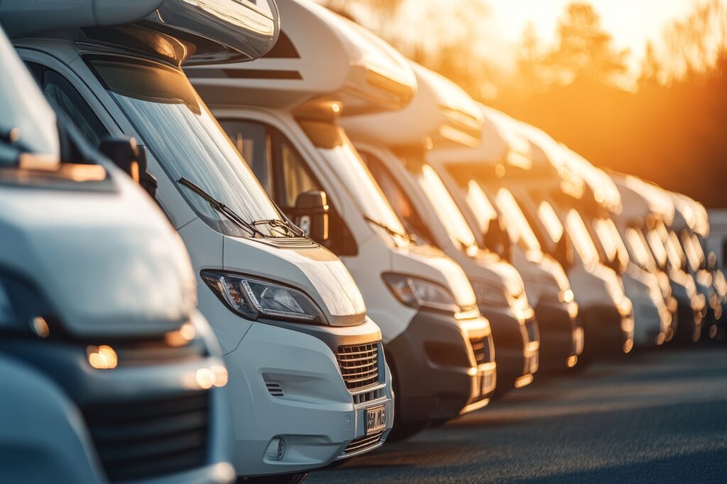 a line of 12 motor coach homes line up on a dealership lot at sunset