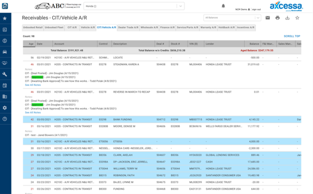 An example Axcessa contracts in transit report