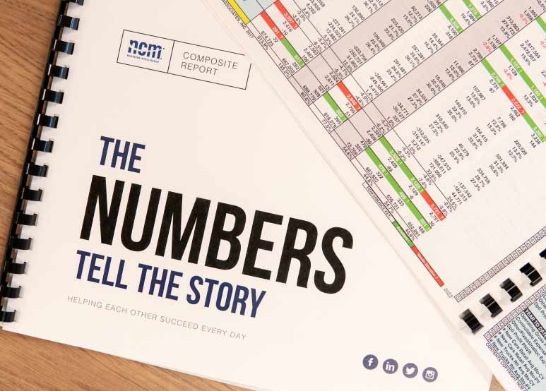 a spiral bound NCM composite report is overlayed with a spreadsheet, focused on the title "The Numbers Tell the Story"