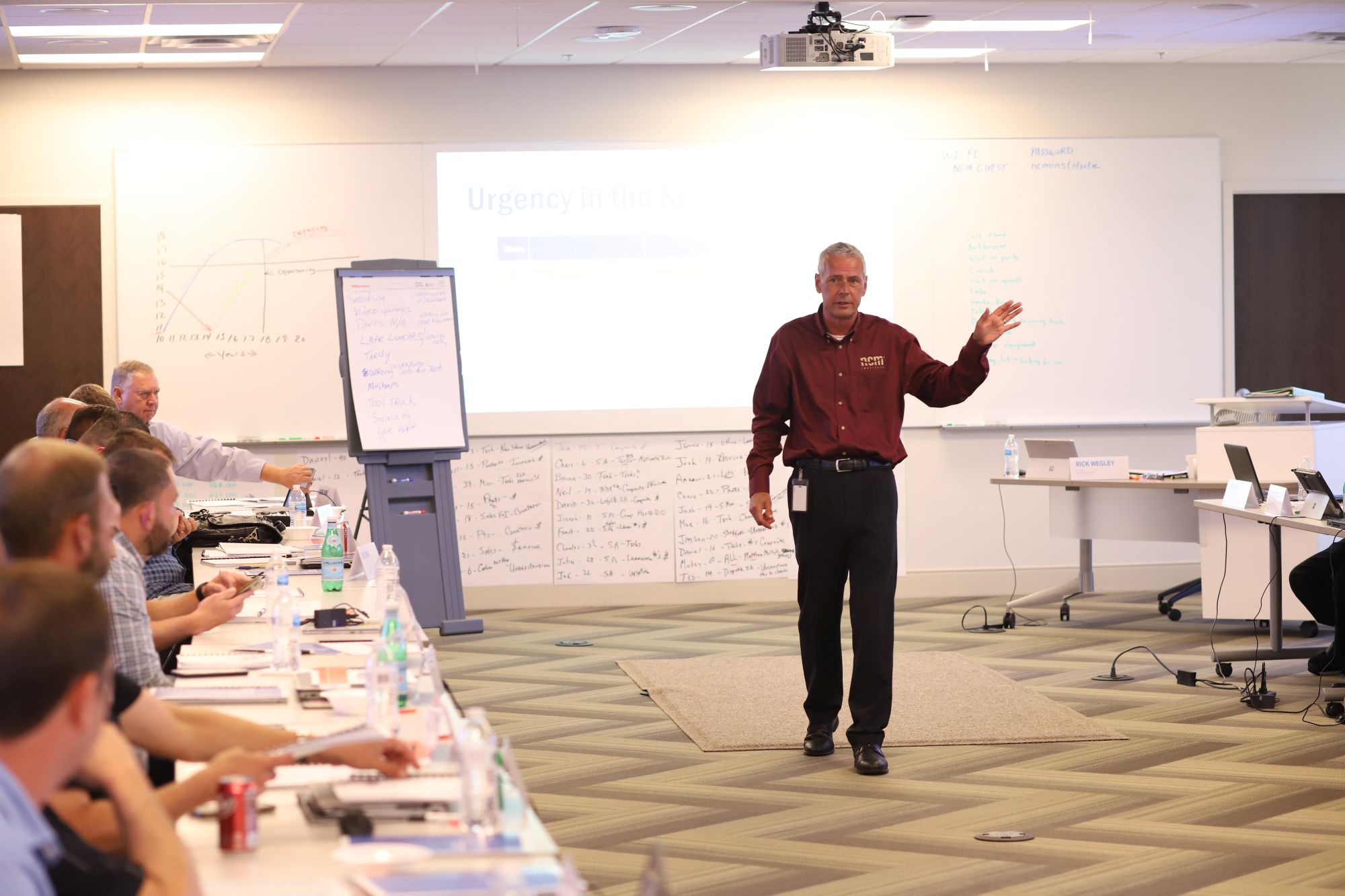 A man in an NCM uniform stands in the middle of a classroom giving a presentation during a training session. On the left hand side, adult students sit at tables taking notes and paying attention.